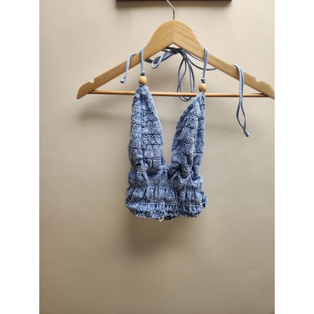 Blanco Blue Crochet Halter Top Cotton Smocked Boho Festival Crop Top ‎ M